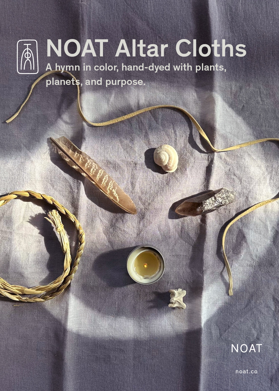 Noat fresh linen Alter Cloth hand dyed with tara plant for ritual, adorned with shells, feathers, a lit candle during full moon ceremony