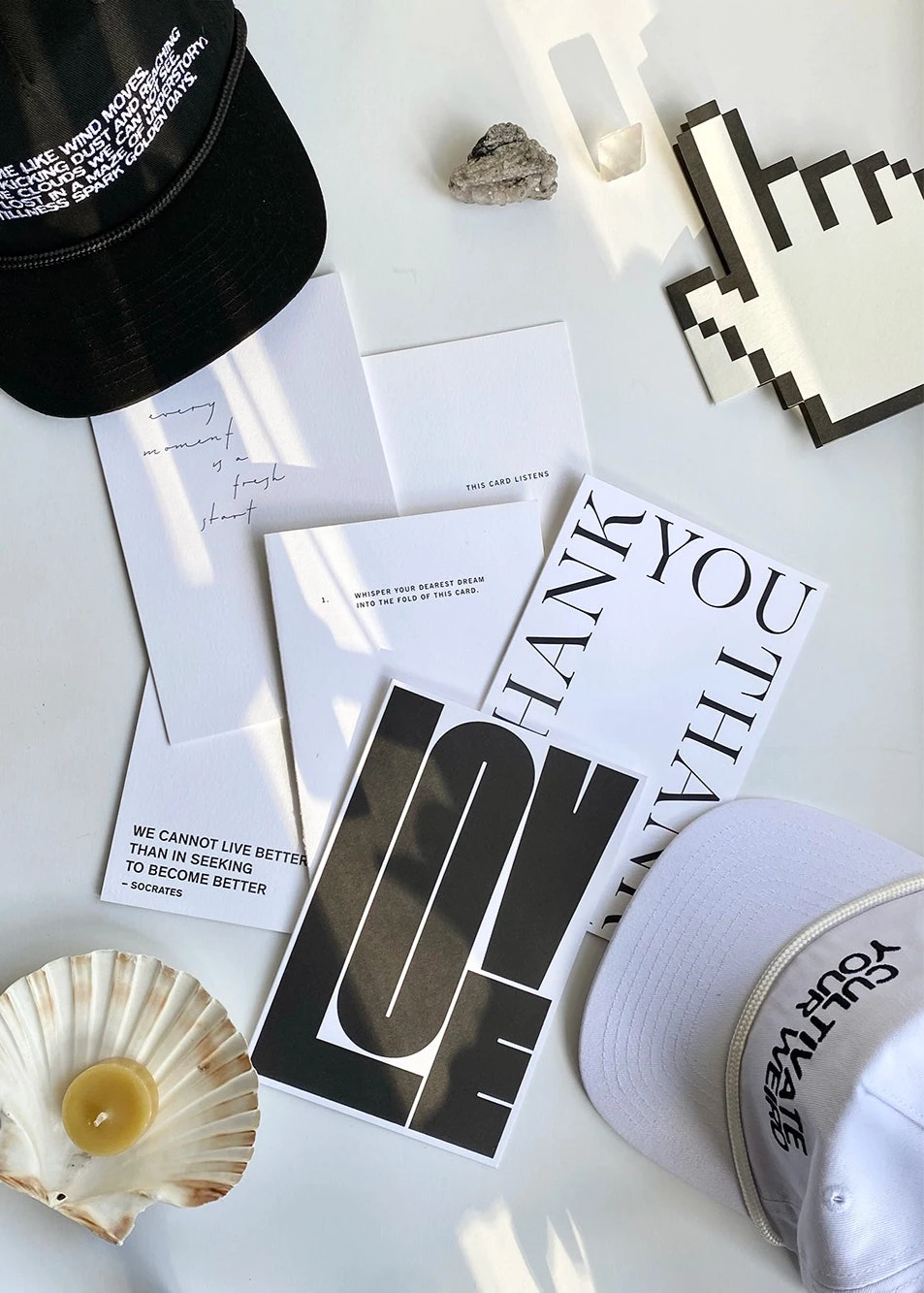 Cultivate Your Weird snap back baseball cap hat with Encouragement greeting cards in black and white by Noat paper