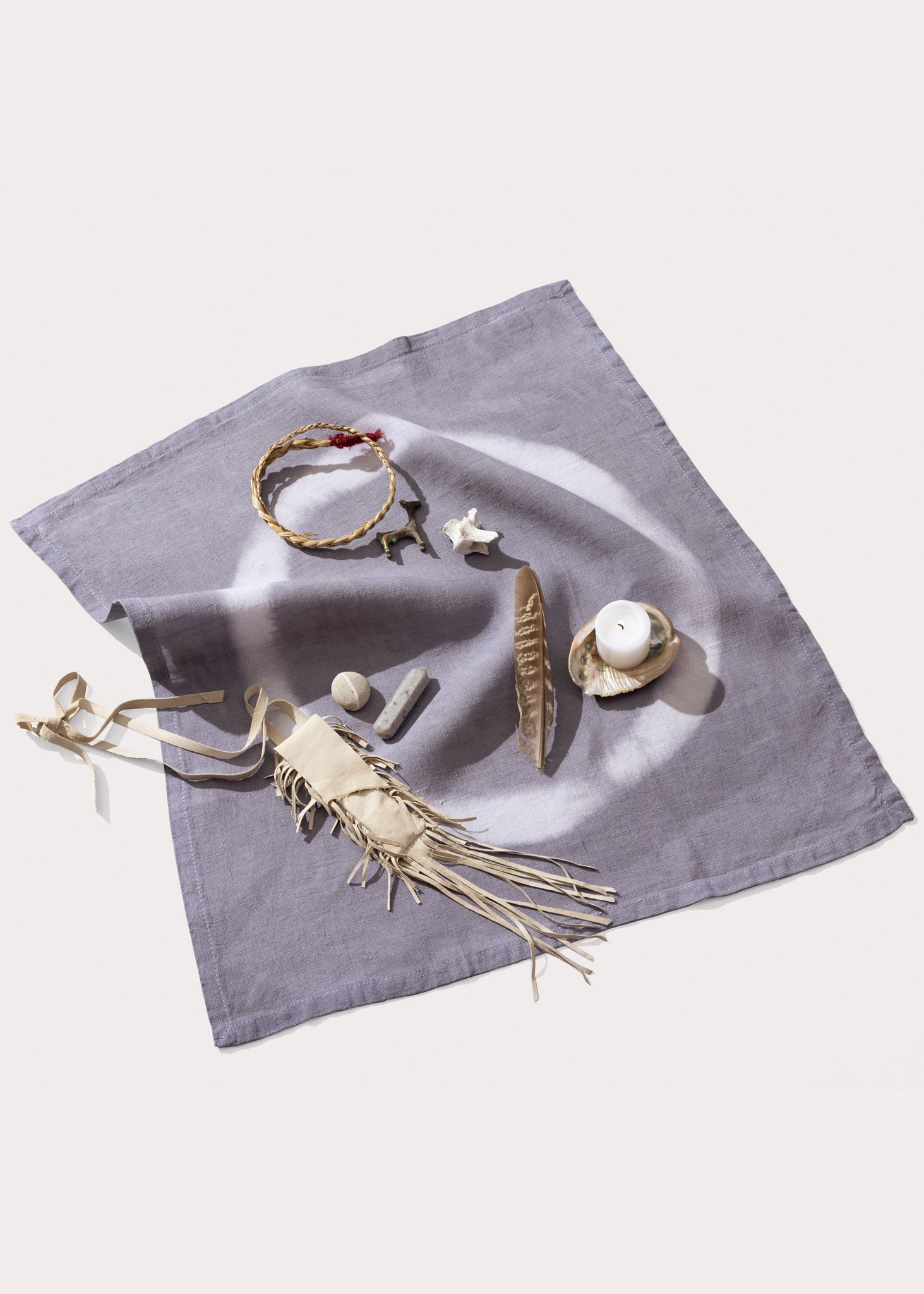 Noat Alter Cloth hand dyed with tara for  ritual adorned with shells, feathers a lit candle for full moon ceremony.