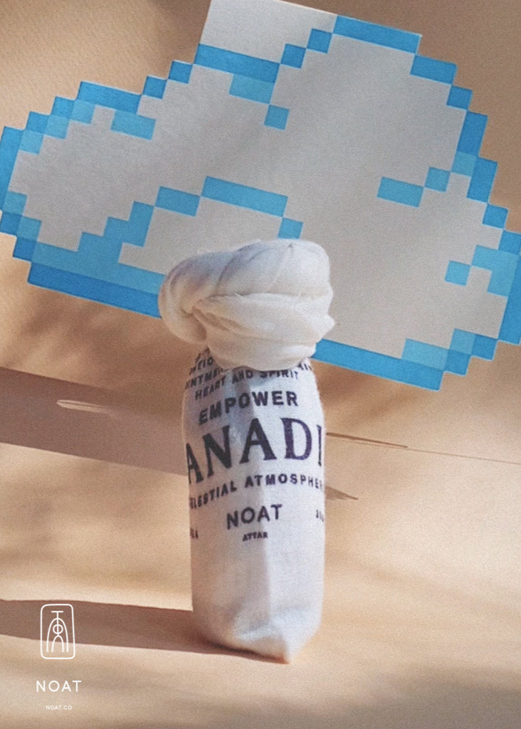 ANADI celestial fragrance by Noat to empower with 8-bit cloud card hovering behind on beige backdrop