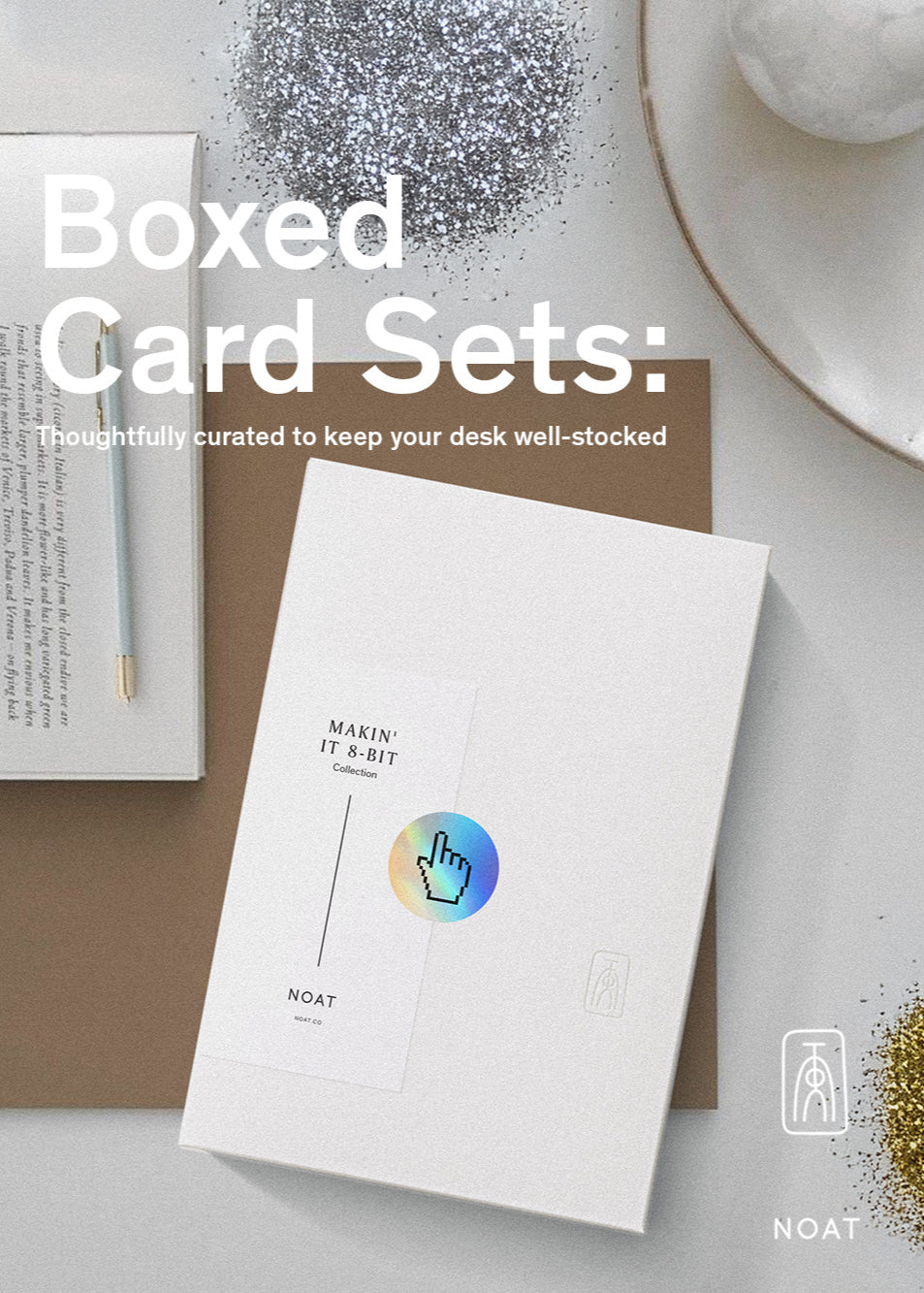 NOAT Makin' It 8-Bit Boxed Card Stationery Set on a writing desk with glitter and pens