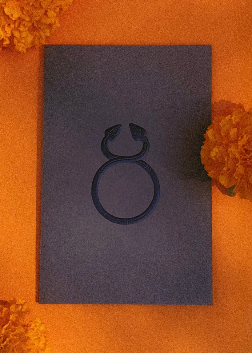 Black Snake Amphisbaena on a dar grey greeting card with marigold flowers around, on an orange background