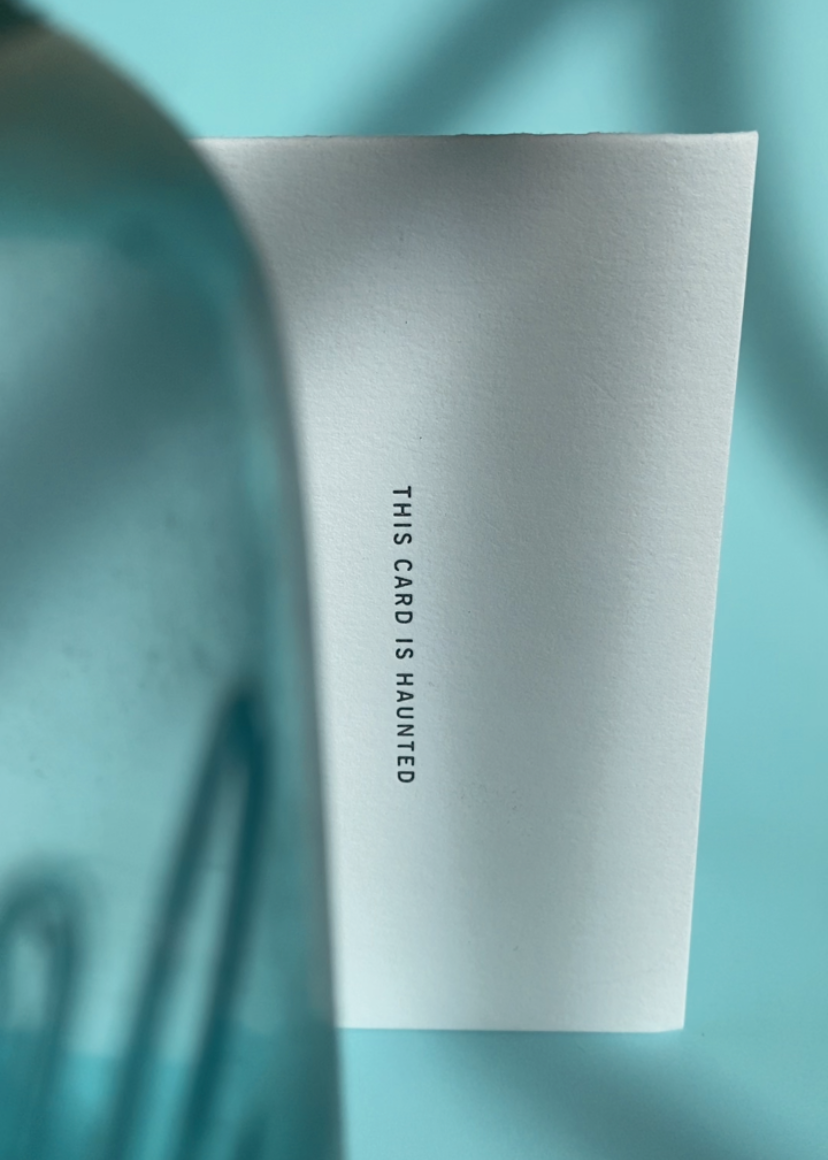 Noat_White _This_Card_Is_Haunted_Greeting Card by Teal_Bottle on teal Background